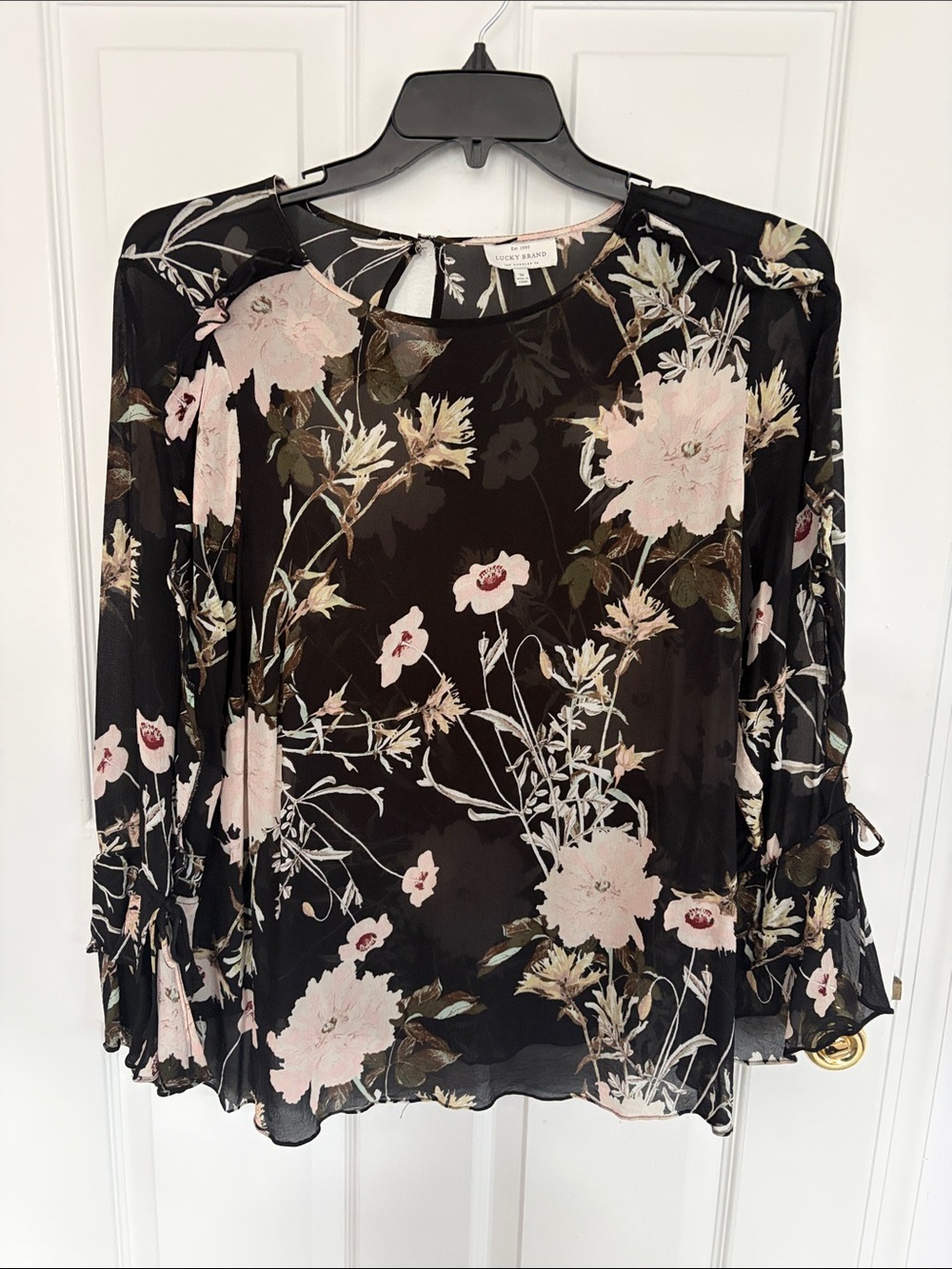 Lucky Brand Black Sheer Floral Blouse with Pink Flowers
